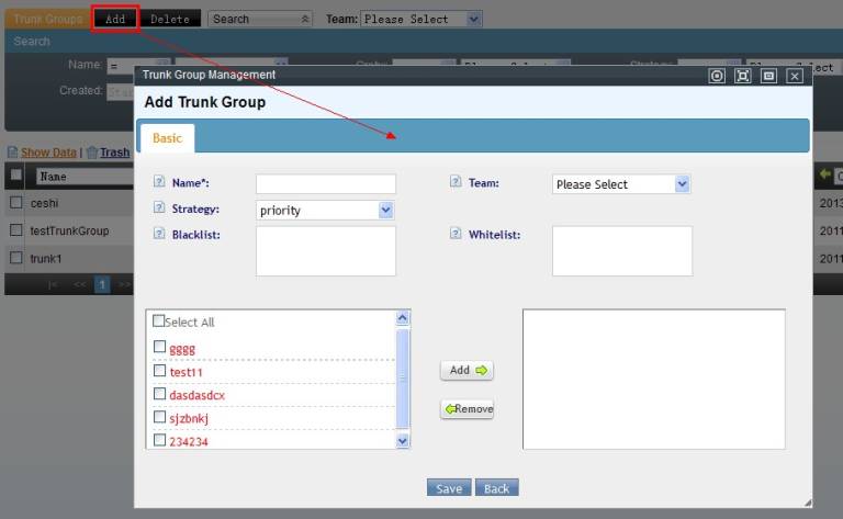Add Trunk Group Page