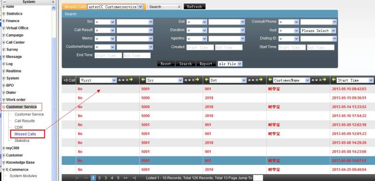Missed Call Page List