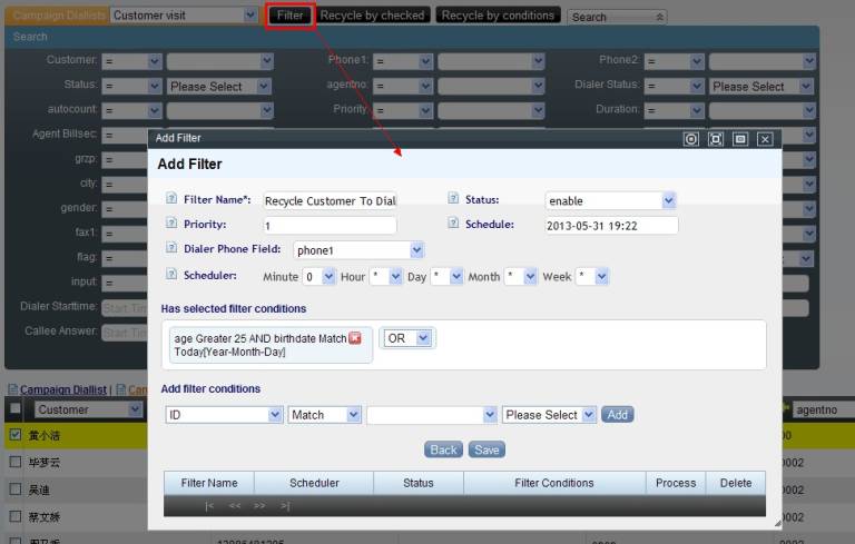 Recycle customer by filter